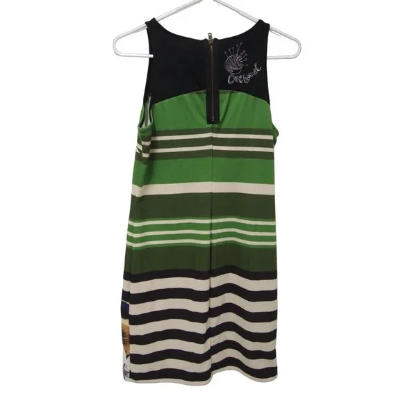 Desigual Womens Dress M Chula Knit Bodycon Striped Green Floral Sleeveless - Picture 2 of 6